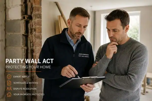 Party wall surveyor Ealing discussing extension plans with homeowner outside a UK semi-detached house.